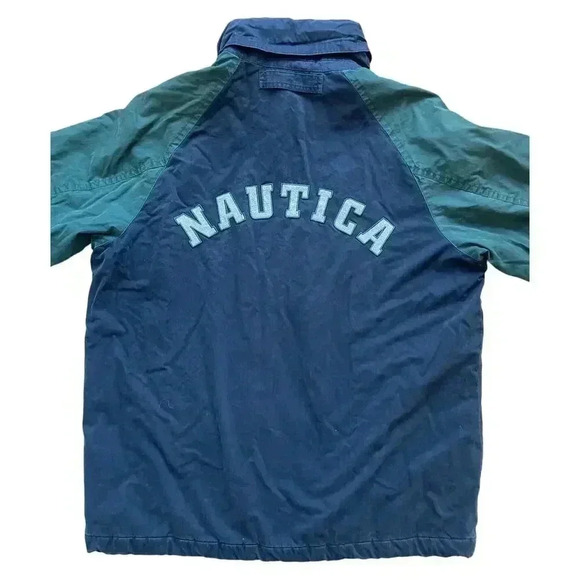 Vintage 90s Nautica Spellout Logo Full Zip Snap Hidden Hood Dad Jacket Sz M - Picture 2 of 14